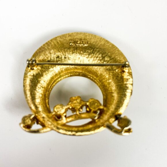 Vintage Lisner Gold-Tone Wide Circle Brooch Faux Pearl Wave Swirl - Picture 4 of 4